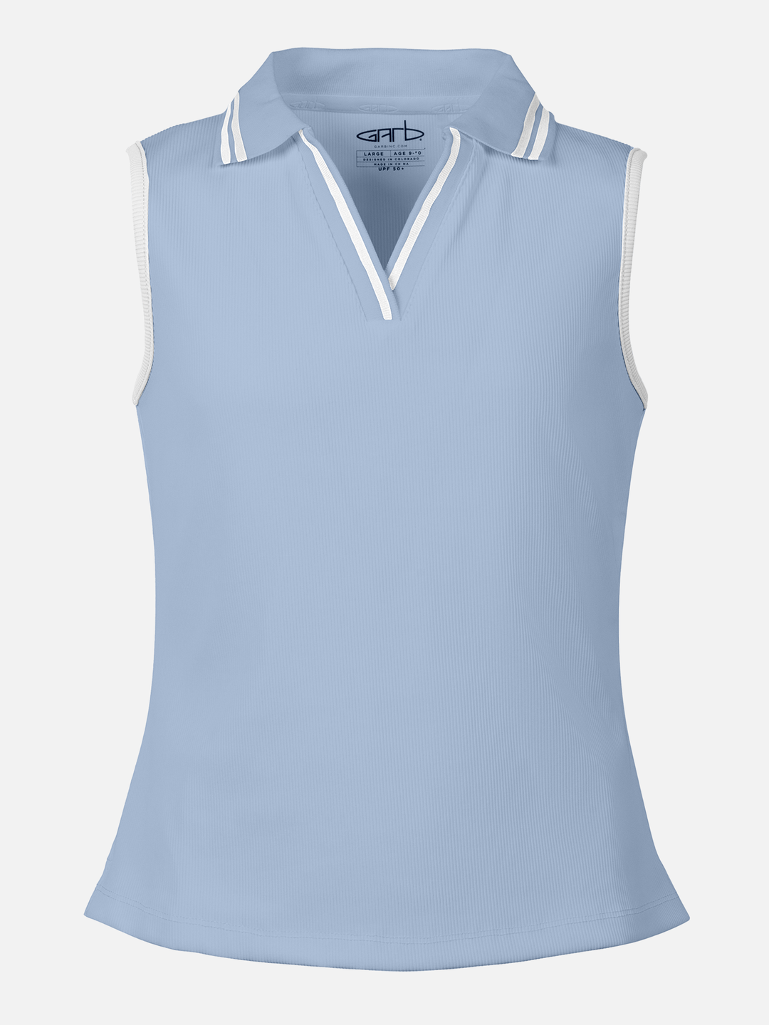 Light blue sleeveless polo shirt with white accents on a white background