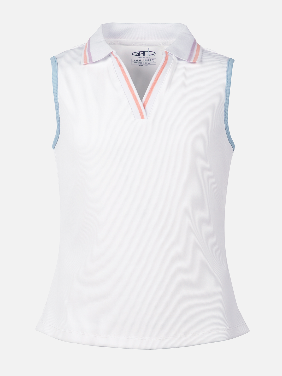 White sleeveless polo shirt with colorful trim on a white background