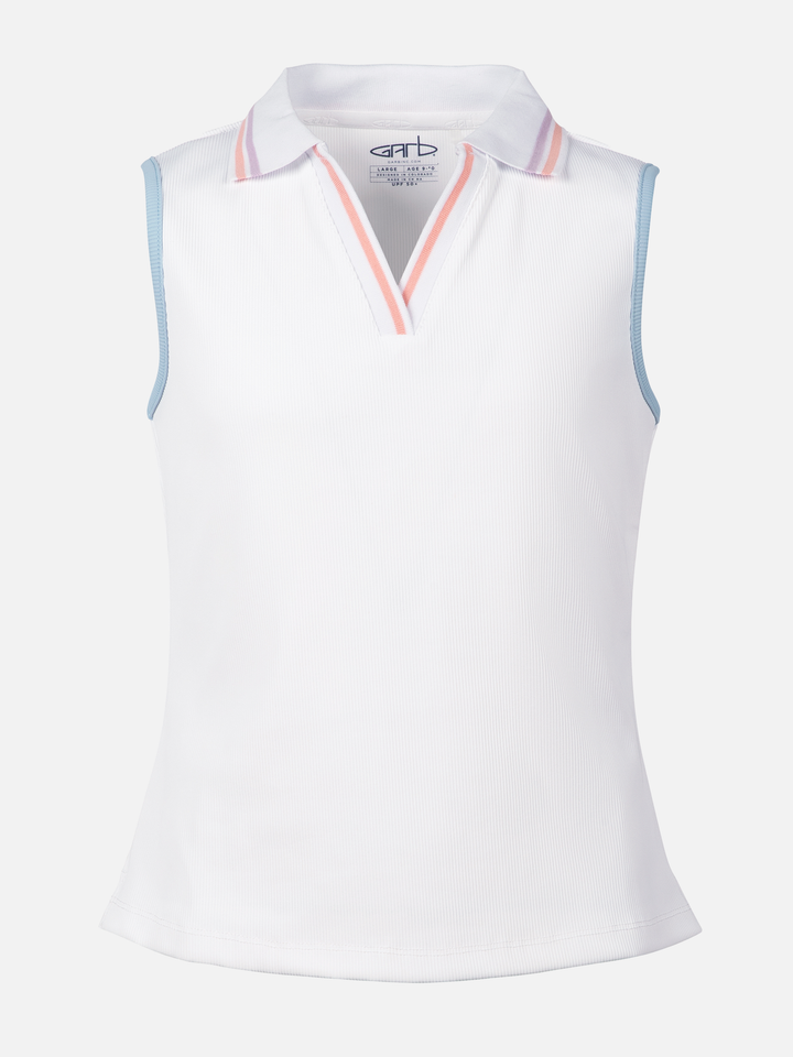White sleeveless polo shirt with colorful trim on a white background