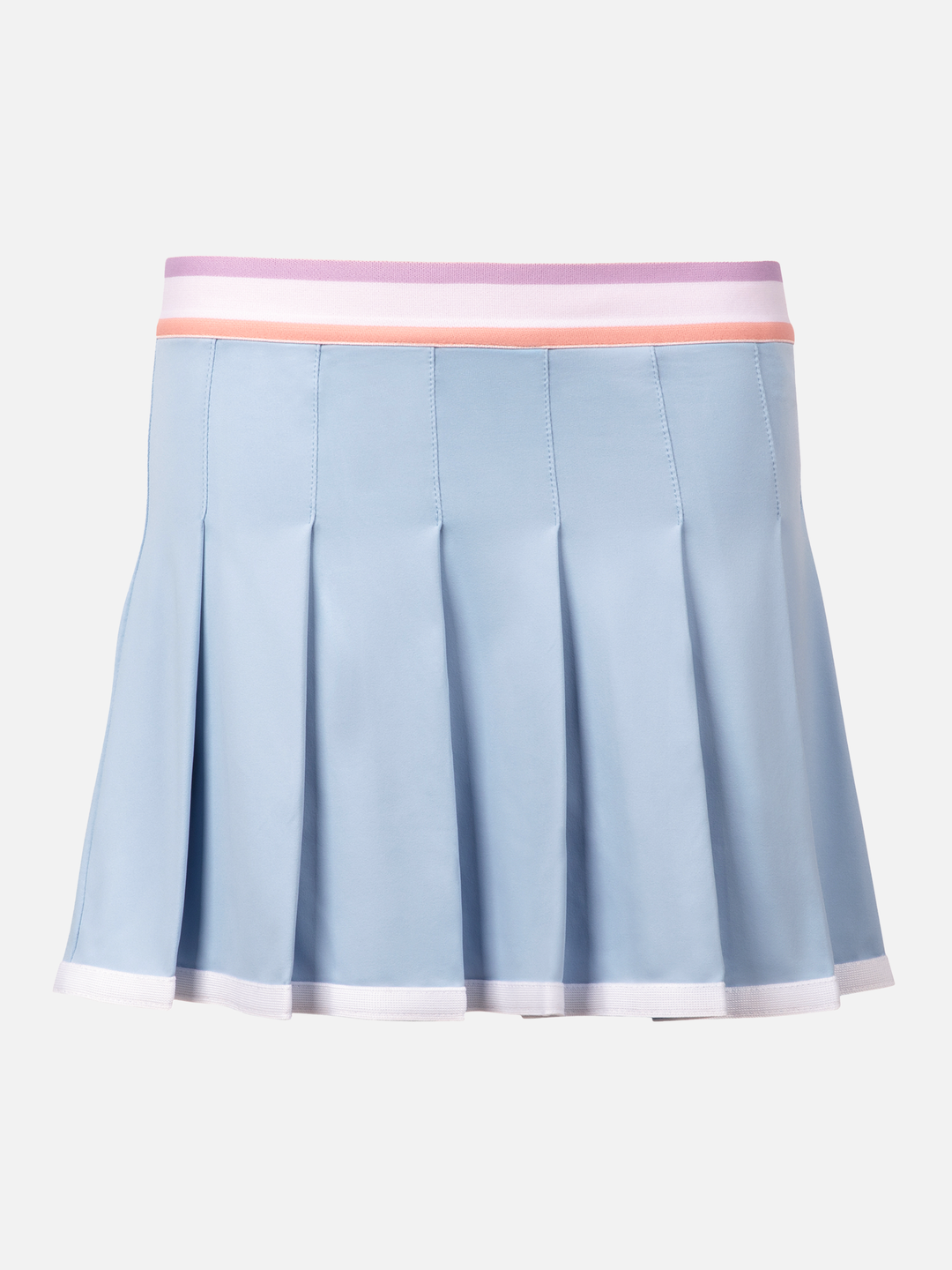 Light blue pleated skirt with a colorful waistband on a white background
