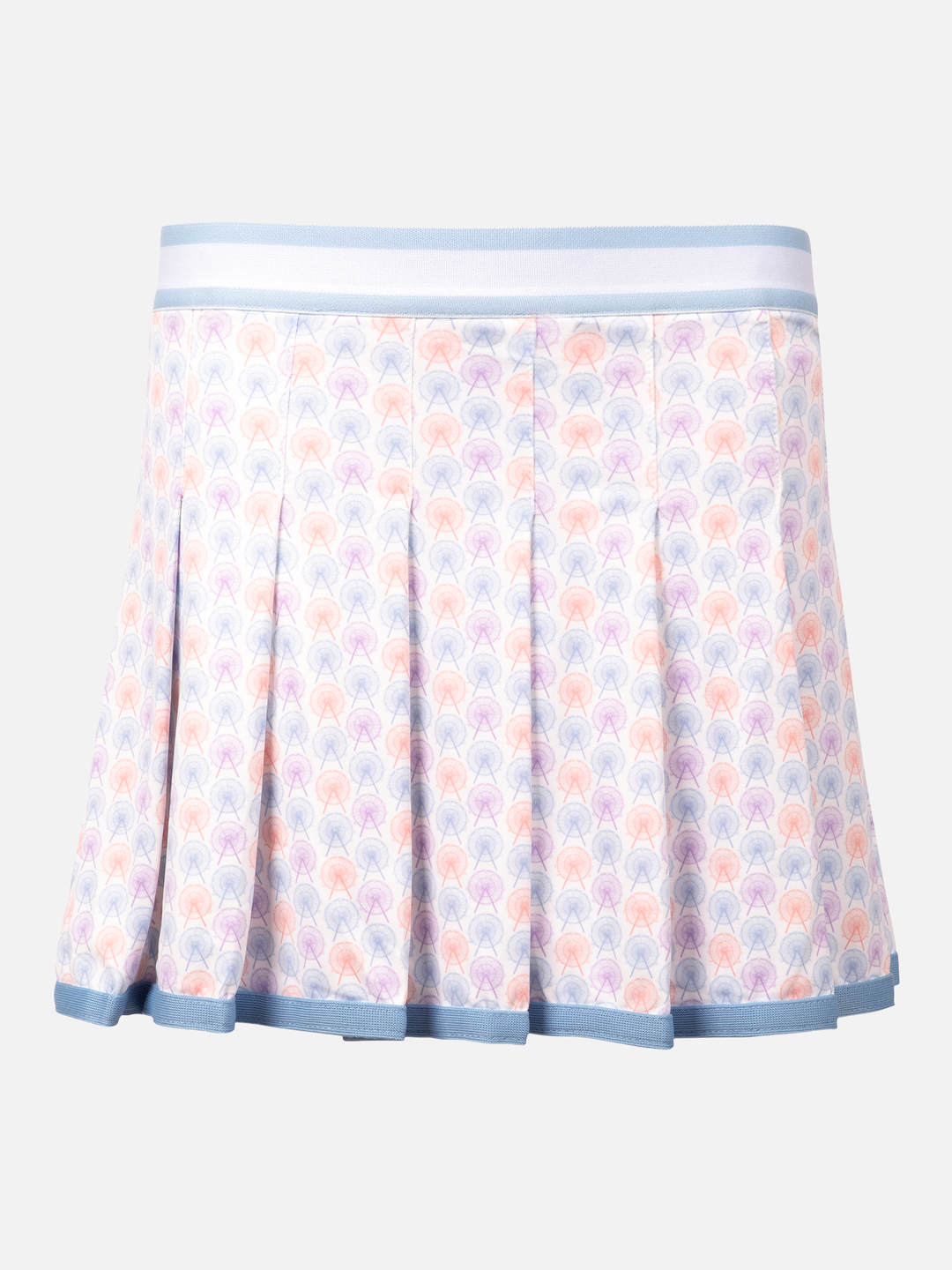 Ferris Wheel patterned skirt with blue trim on a white background