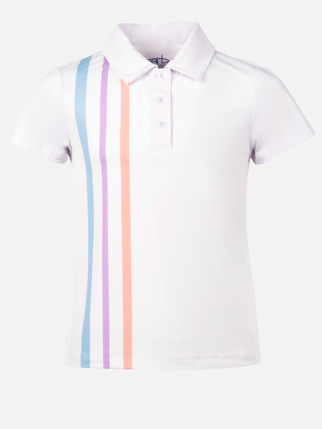 White polo shirt with colorful vertical stripes on a white background
