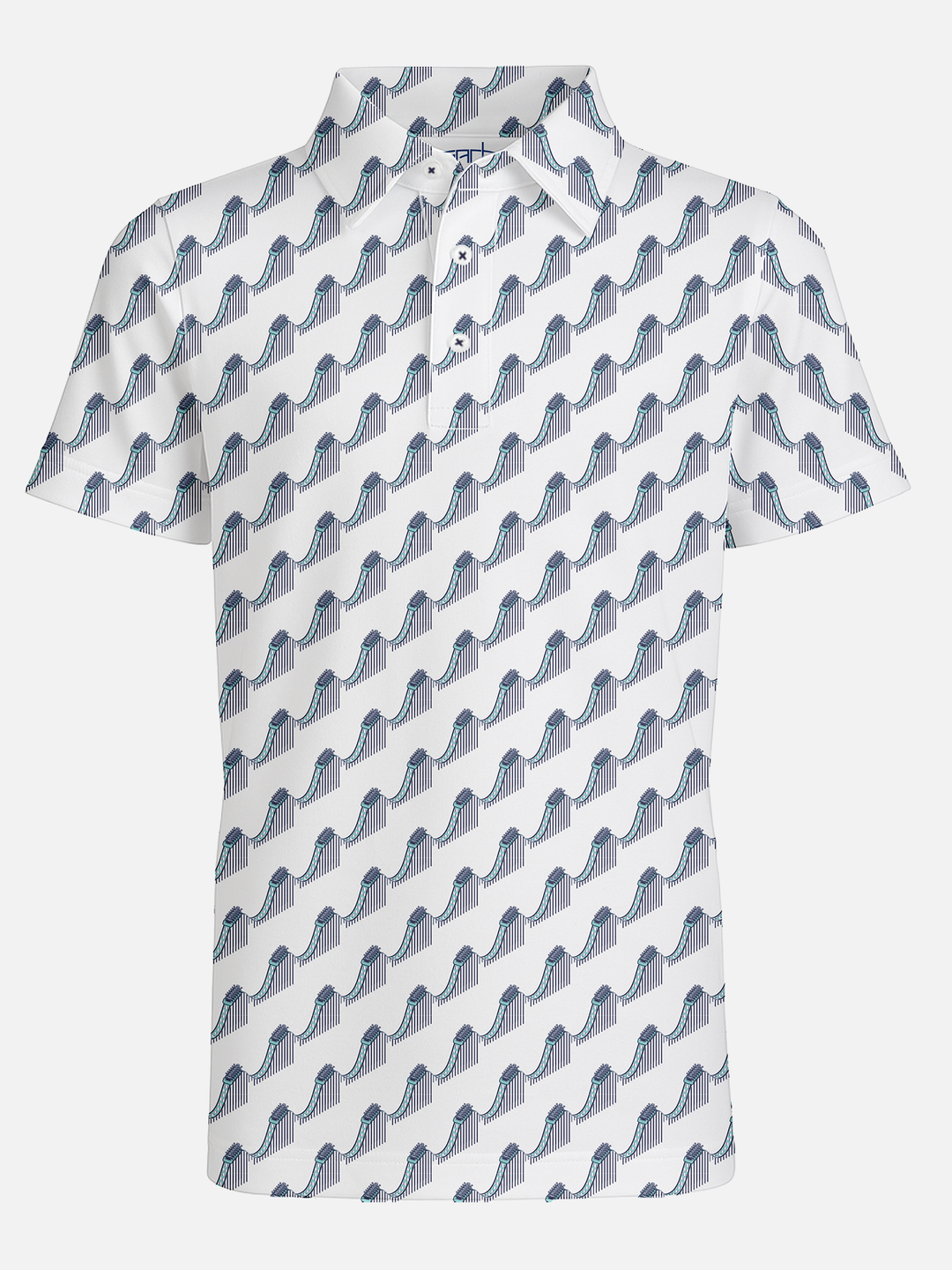 White polo shirt with blue rollarcoaster pattern 