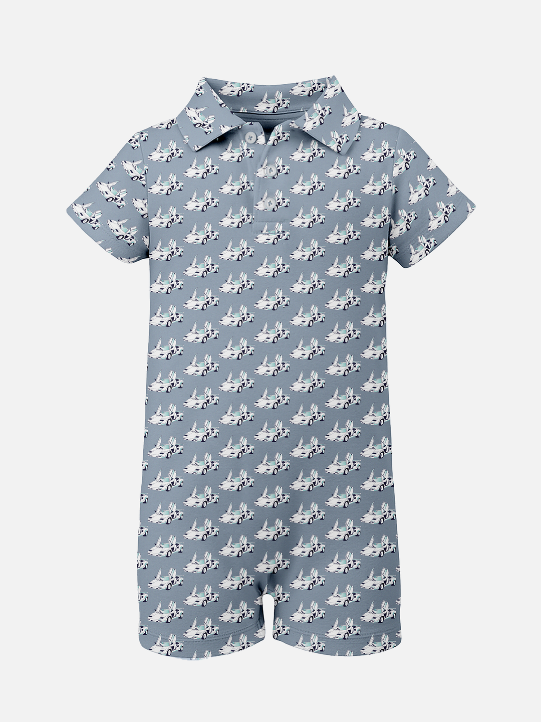 Blue children's romper with lambo print pattern 