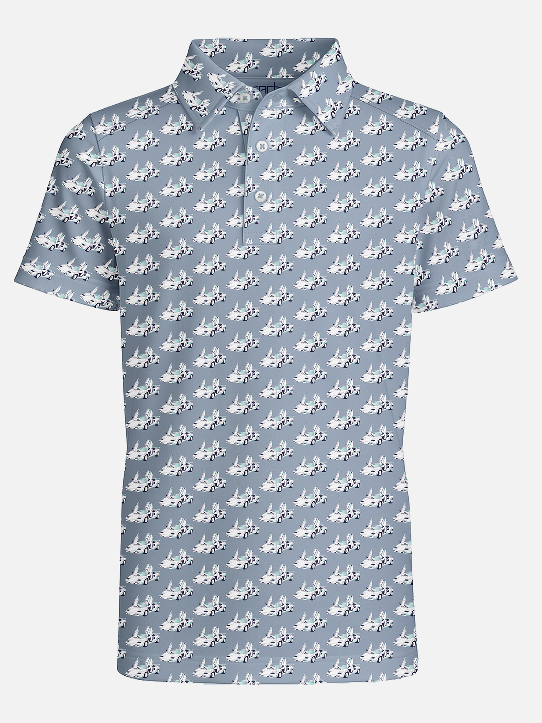 Blue polo shirt with car pattern print
