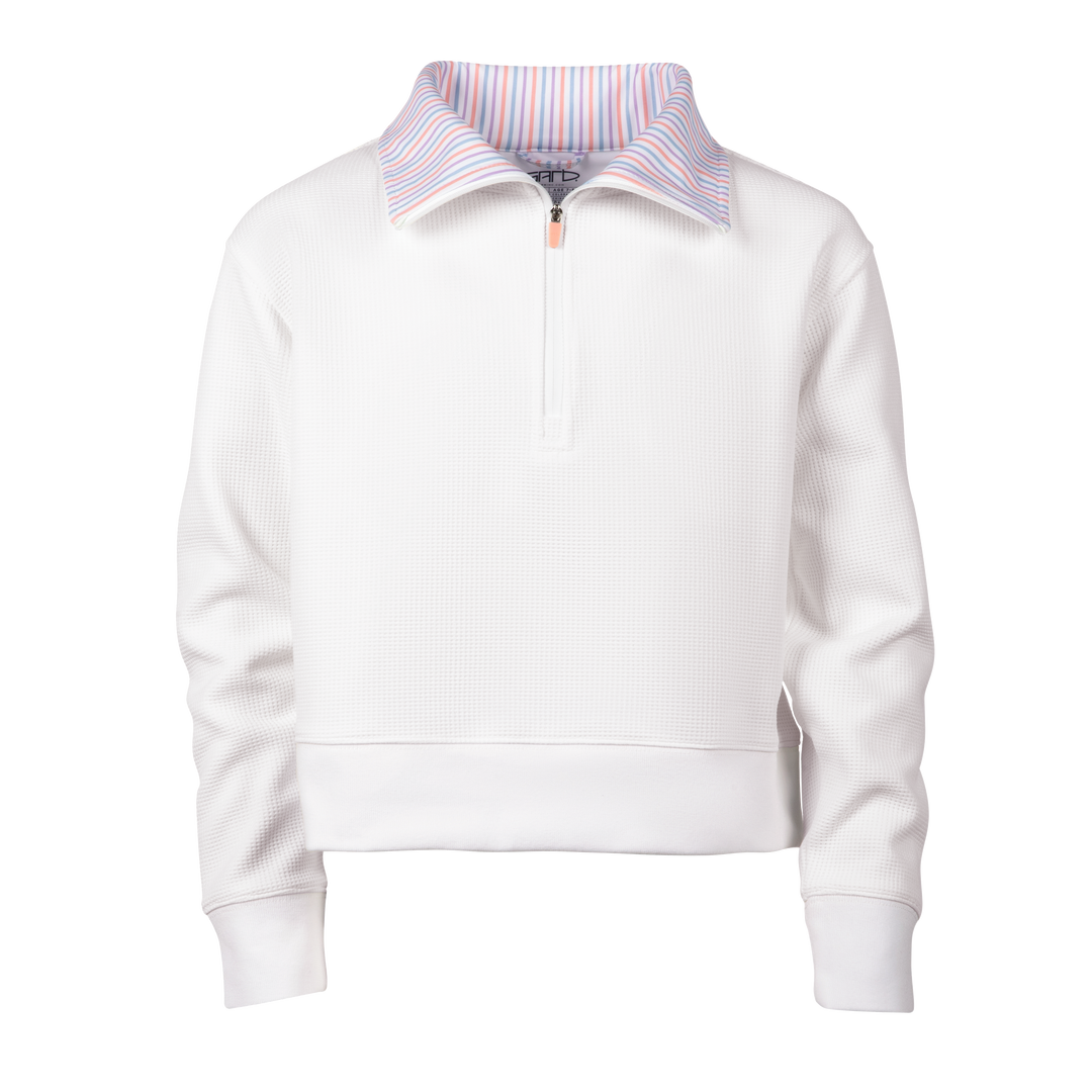 Juno youth girls' white quarter zip with pastel striped collar