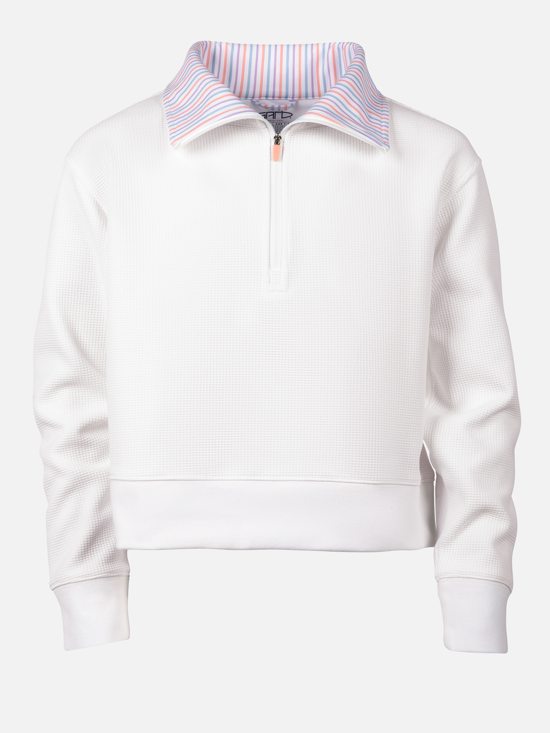 White quarter zip sweatshirt with a striped collar on a white background