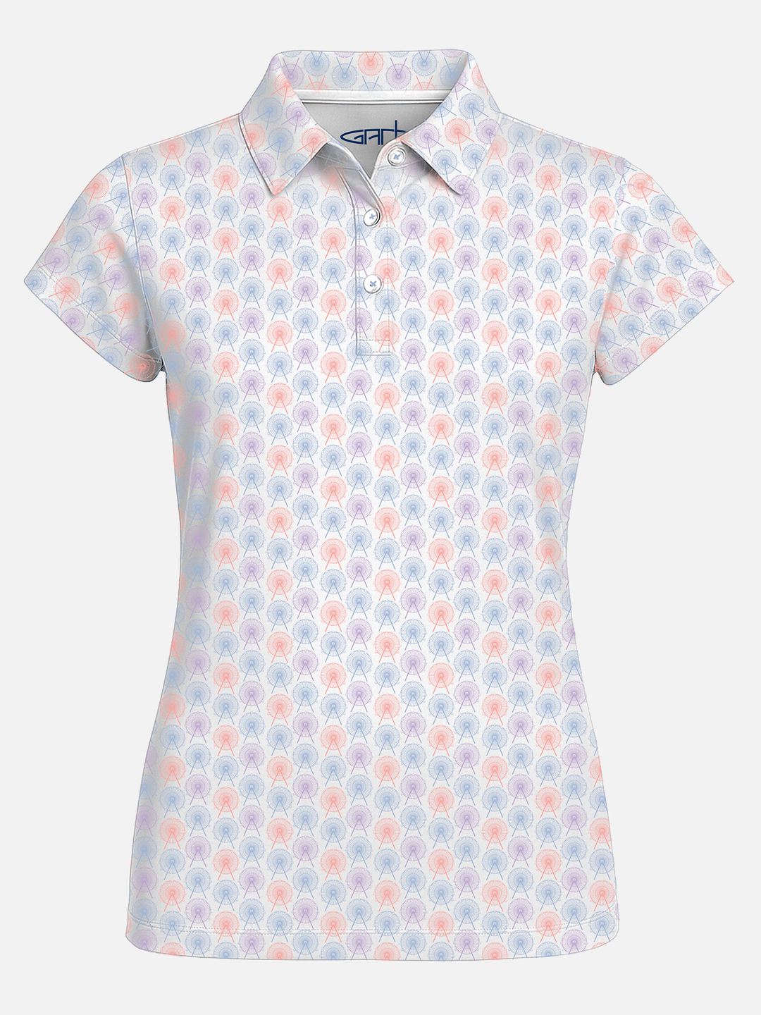 Short-sleeve polo shirt with a ferris wheel pattern on a white background