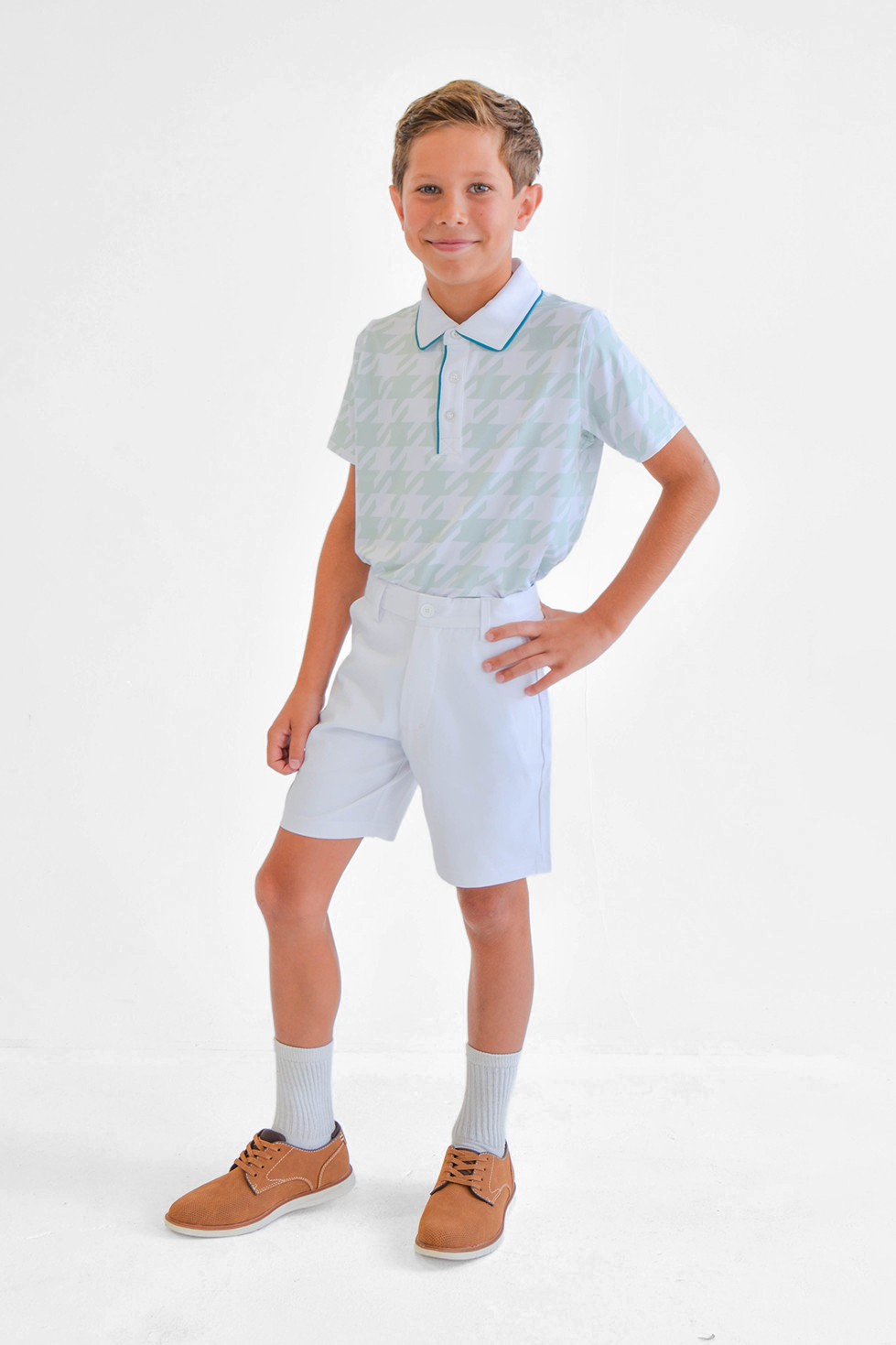 Seafoam Youth Boys Houndstooth Performance Polo Front View