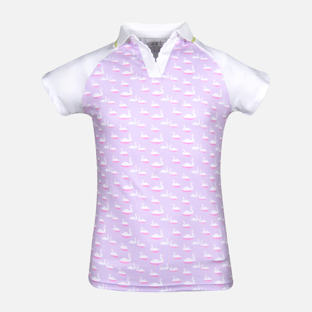 Purple Swan Print Sublimated Polo Front View