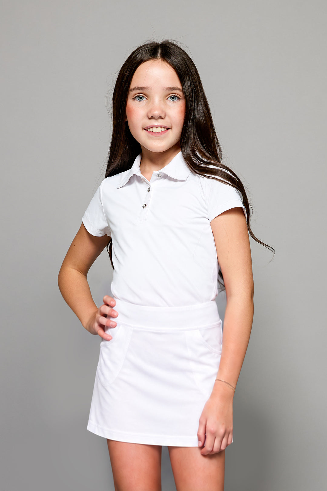 Front view of Garb Sara girls’ youth skort in white.